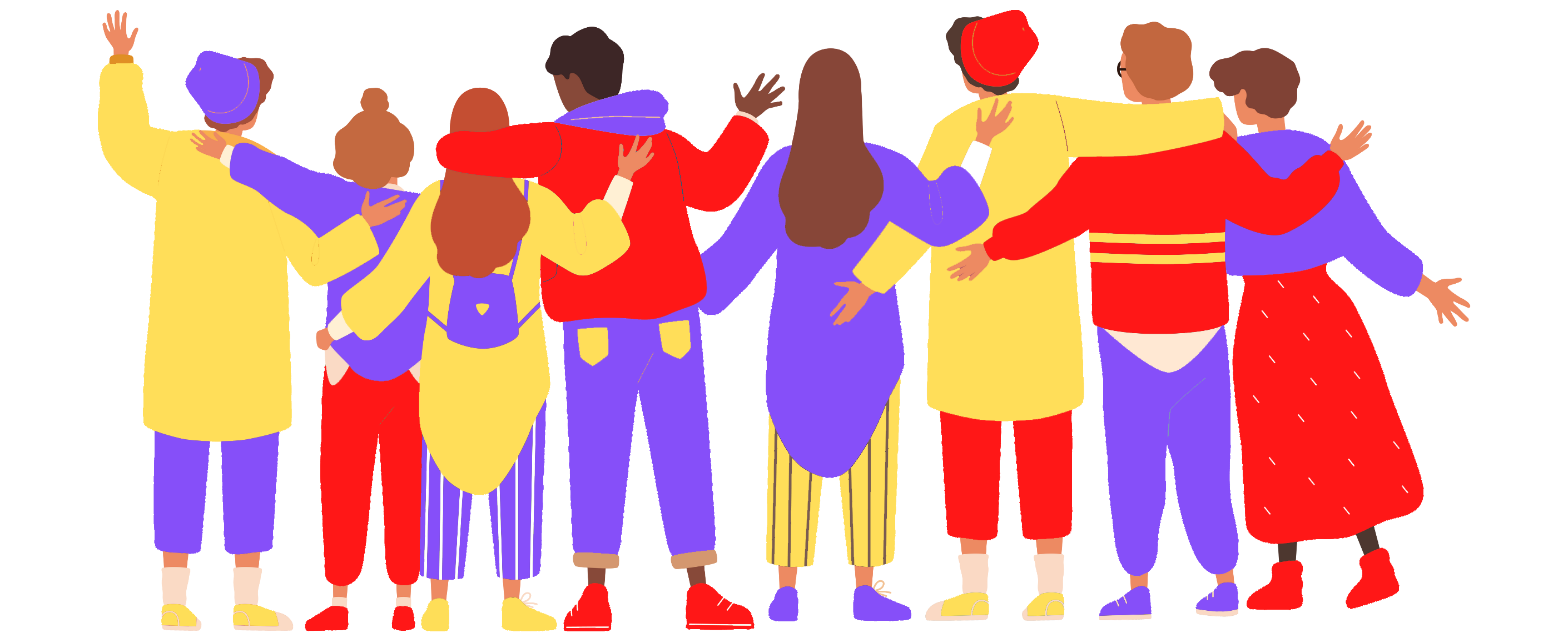 animation of young people from the back, hugging each other