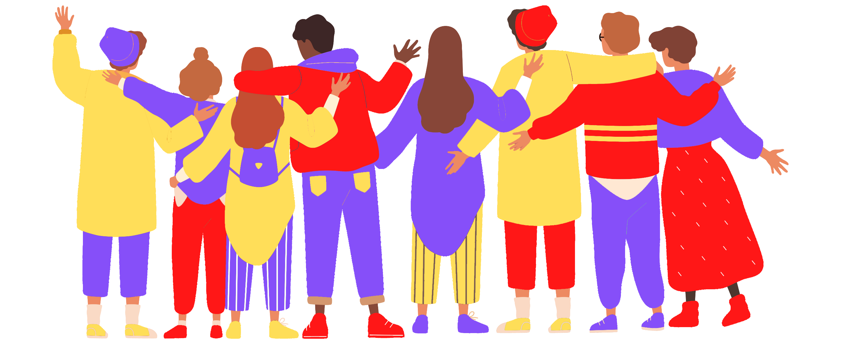 animation of young people from the back, hugging each other